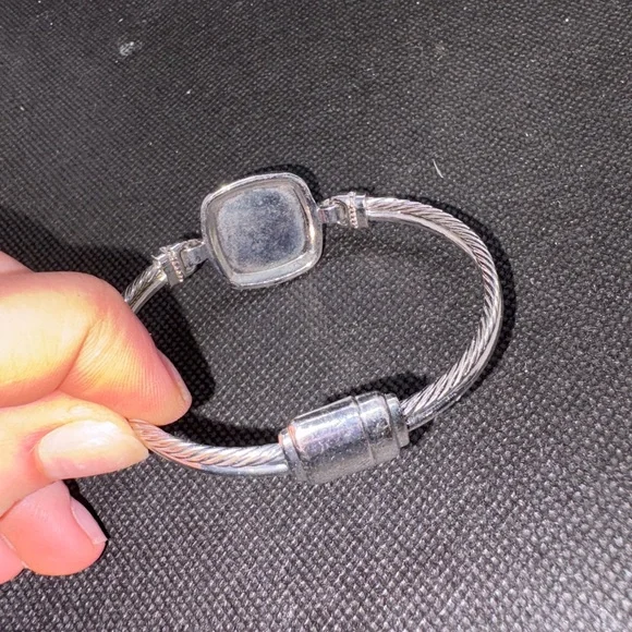 Silver Tone White Enamel & Rhinestone Initial E Bracelet W/ Magnetic Clasp - Picture 2 of 2